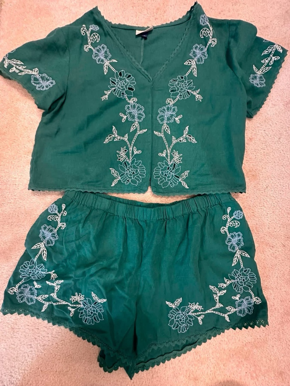a new day Teal Green High-Waist Embroidered Linen Shorts